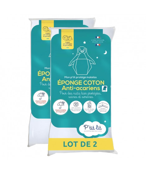 Lot de 2 Protege Matelas Bébé Anti Acariens P'TIT LIT - Bouclette 100% coton - Imperméable - 50x85 cm