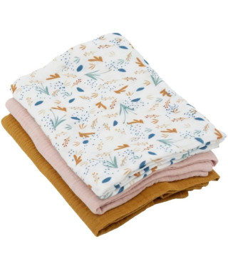 Lot de 3 langes Bambou - DOMIVA - 1 Imprimé + 2 Uni - Rose caramel - 60x60 cm