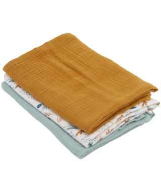 Lot de 3 langes Bambou - DOMIVA - 1 Imprimé + 2 Uni - Vert caramel - 60x60 cm
