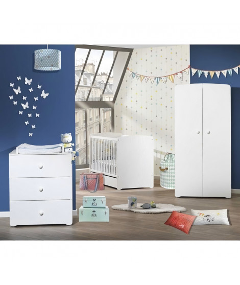 Chambre bébé trio Basic boule: Lit 120x60, commode a langer et armoire - Babyprice - Blanc
