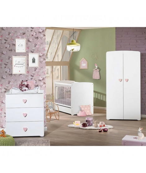 Chambre bébé trio Basic coeur: lit 120x60, commode a langer et armoire - Babyprice - Blanc