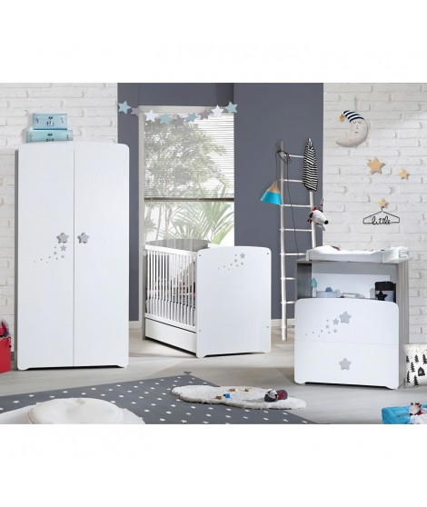 Chambre bébé trio Nao:  lit 120x60, commode a langer et armoire - Babyprice - Blanc