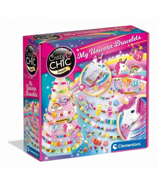 Clementoni - Crazy Chic - Coffret créatif Licorne - Créer tes bracelets en perles colorés avec charms et pompoms - Dés 7ans