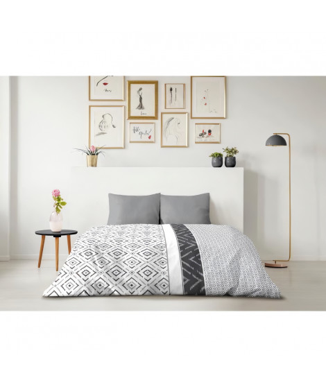 Parure de couette microfibre ETHNO - 1 housse de couette 220 x 240 cm + 2 taies d'oreiller 63 x 63 cm - Gris