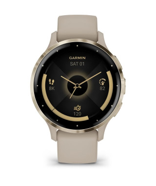 Montre GPS connectée - GARMIN - Venu 3S - 30,4mm (1,2) - Acier Soft Gold, boîtier lin et bracelet en silicone lin