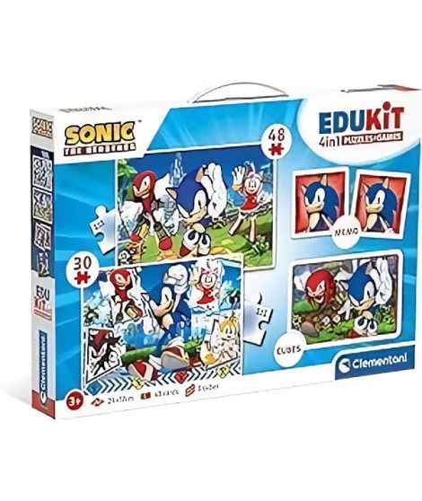 Clementoni - Edukit - Sonic - Coffret apprentissage 4 en 1 - 2 puzzles, 1 mémo, 1 jeu de 6 cubes - Fabriqué en Italie -Dés 4ans