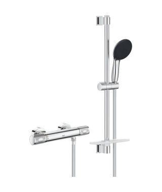 Ensemble de douche avec mitigeur thermostatique, pommeau 3 jets, barre 60cm et flexible - GROHE 34791001 - Economie d'eau - C…