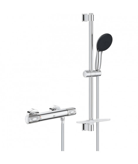 Ensemble de douche avec mitigeur thermostatique, pommeau 3 jets, barre 60cm et flexible - GROHE 34791001 - Economie d'eau - C…