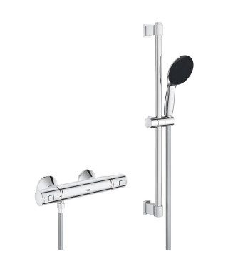 Ensemble de douche avec mitigeur thermostatique, pommeau 1 jet, barre 60cm et flexible - GROHE 34597001 - Economie d'eau - Ch…