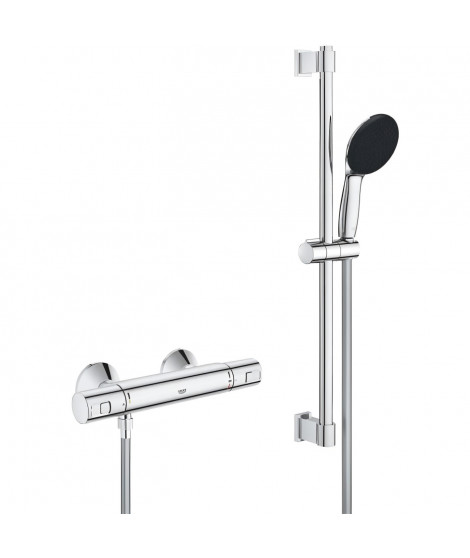 Ensemble de douche avec mitigeur thermostatique, pommeau 1 jet, barre 60cm et flexible - GROHE 34597001 - Economie d'eau - Ch…