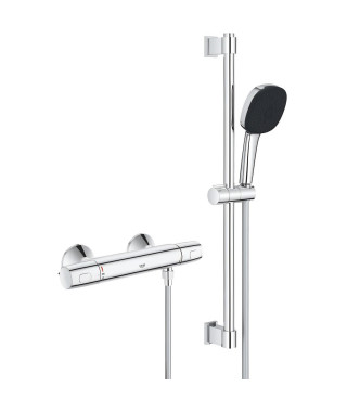 Ensemble de douche avec mitigeur thermostatique, pommeau 3 jets, barre 60cm et flexible - GROHE 34237003 - Economie d'eau - C…