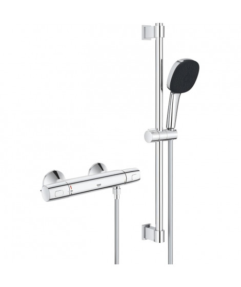 Ensemble de douche avec mitigeur thermostatique, pommeau 3 jets, barre 60cm et flexible - GROHE 34237003 - Economie d'eau - C…