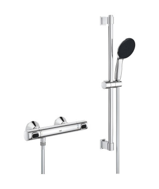 Ensemble de douche avec mitigeur thermostatique, pommeau 1 jet, barre 60cm et flexible - GROHE 34800001 - Economie d'eau - Ch…