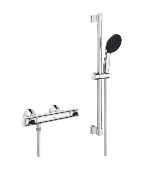 Ensemble de douche avec mitigeur thermostatique, pommeau 1 jet, barre 60cm et flexible - GROHE 34800001 - Economie d'eau - Ch…