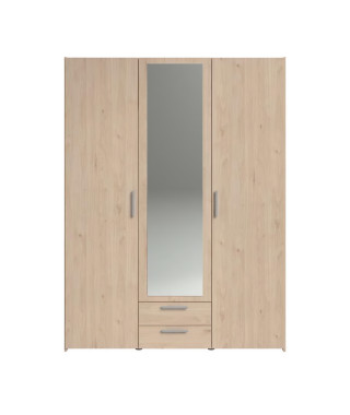 Armoire chambre VARIA - Panneaux de particules - Décor chene - 3 portes  + 2 tiroirs + miroir - L 150 cm x P 51,7 cm x H 200 cm