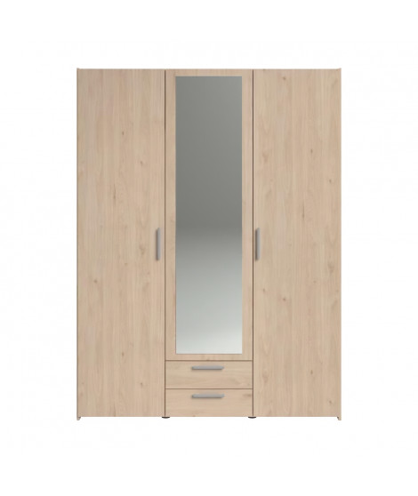 Armoire chambre VARIA - Panneaux de particules - Décor chene - 3 portes  + 2 tiroirs + miroir - L 150 cm x P 51,7 cm x H 200 cm