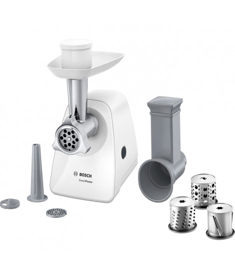 Hachoir a viande - BOSCH - MFW2514W SmartPower - Blanc - moteur bloqué 1500 W - 1,7 kg/mn - 2 grilles de hachoir - râpeur/émi…