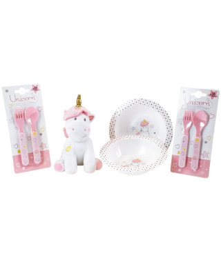 Lot Vaisselle Licorne pour Enfant - FUN HOUSE - 006319 - 2 Assiettes, 2 Sets de Couverts et 1 Peluche Douce