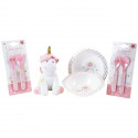 Lot Vaisselle Licorne pour Enfant - FUN HOUSE - 006319 - 2 Assiettes, 2 Sets de Couverts et 1 Peluche Douce