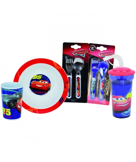 Lot Vaisselle Disney Cars pour Enfant - FUN HOUSE - 006378 - Verre, Assiette Creuse, Verre avec Paille et 2 Sets de Couverts