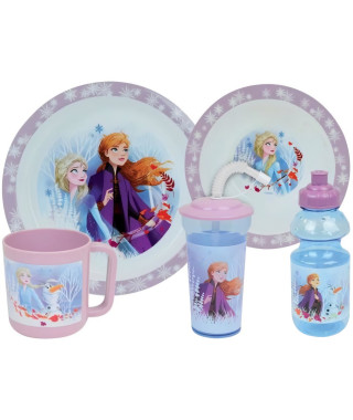 Lot Vaisselle Disney Reine des Neiges - FUN HOUSE - 006379 - Assiette Creuse, Assiette Plate, Mug, Gourde et Gobelet avec Paille