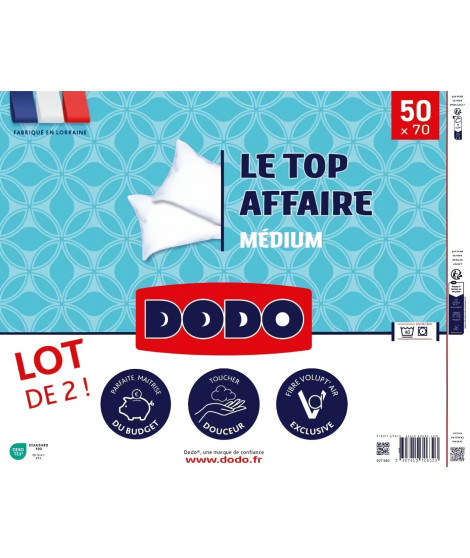 Lot de 2 oreillers - DODO - MEDIUM - Top Affaire 50 x 70 cm - Pour 2 personnes - Blanc