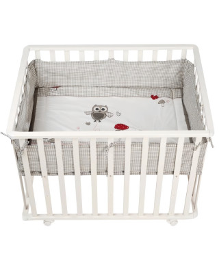 Parc Bébé 100x75 cm + Tapis Adam et Eule Imprimé Chouette + 4 Roues - ROBA - Bois blanc