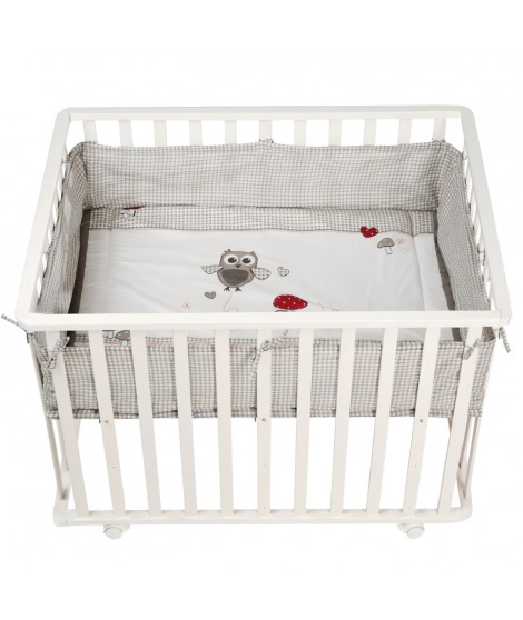 Parc Bébé 100x75 cm + Tapis Adam et Eule Imprimé Chouette + 4 Roues - ROBA - Bois blanc