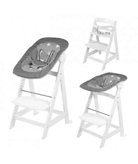ROBA Chaise Haute Évolutive Born Up 2 en 1 + Transat Inclinable a Motifs Étoiles - Little Stars - Des la Naissance - Bois Blanc