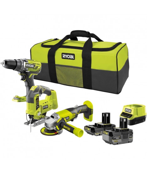 RYOBI 3 outils : 1 perceuse-visseuse Brushless + 1 meuleuse 115 mm + 1 scie sauteuse + 2 batteries 4 Ah & 2 Ah + 1 chargeur &…