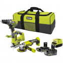 RYOBI 3 outils : 1 perceuse-visseuse Brushless + 1 meuleuse 115 mm + 1 scie sauteuse + 2 batteries 4 Ah & 2 Ah + 1 chargeur &…