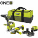 RYOBI 3 outils : 1 perceuse-visseuse Brushless + 1 meuleuse 115 mm + 1 scie sauteuse + 2 batteries 4 Ah & 2 Ah + 1 chargeur &…
