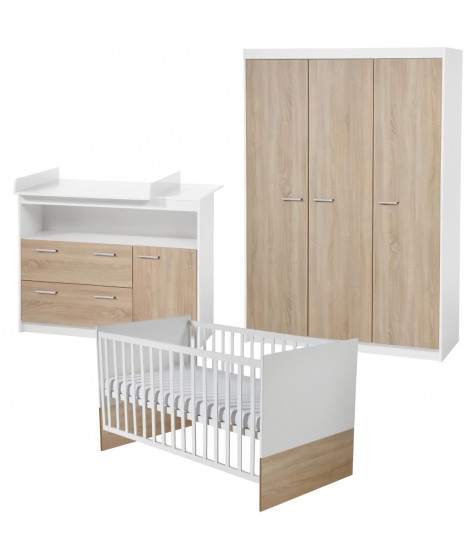 Chambre Bébé Complete Gabriella ROBA - Lit Évolutif 70x140 + Commode a Langer + Armoire 3 Portes - Blanc / Chene Scié