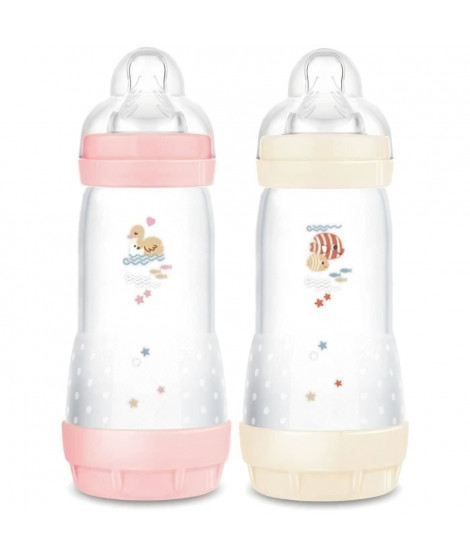 Lot de 2 Biberons - MAM - Easy Start - Anti-colique Classique - 320 ml - Tétine débit 3 - Bonbon + Coton