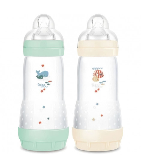 Lot de 2 Biberons - MAM - Easy Start - Anti-colique Classique - 320 ml - Tétine débit 3 - Menthe + Coton