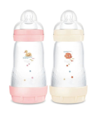 Lot de 2 Biberons - MAM - Easy Start - Anti-colique Classique - 260 ml - Tétine débit 2 - Bonbon + Coton