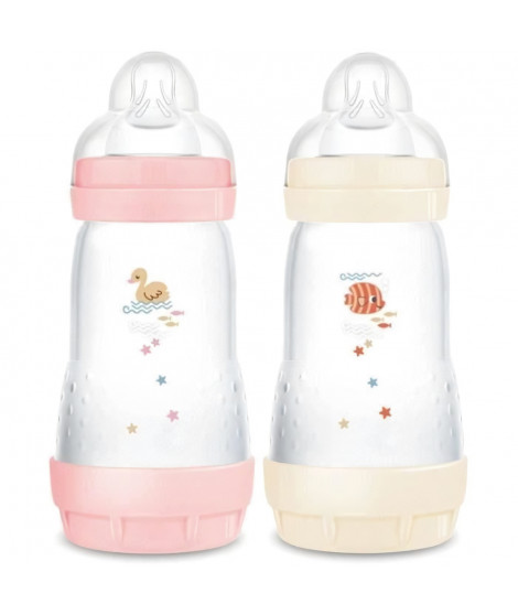 Lot de 2 Biberons - MAM - Easy Start - Anti-colique Classique - 260 ml - Tétine débit 2 - Bonbon + Coton