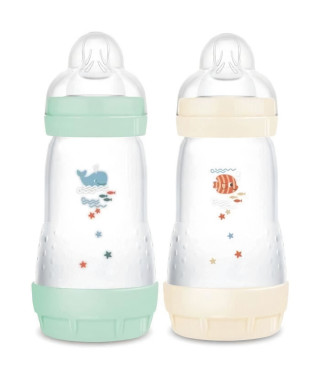 Lot de 2 Biberons - MAM - Easy Start - Anti-colique Classique - 260 ml - Tétine débit 2 - Menthe + Coton