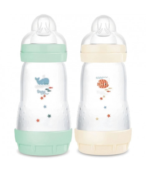 Lot de 2 Biberons - MAM - Easy Start - Anti-colique Classique - 260 ml - Tétine débit 2 - Menthe + Coton