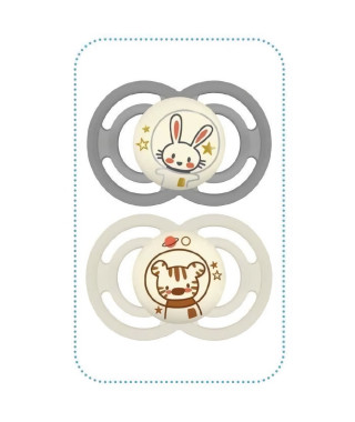 Lot de 2 sucettes avec boîte de stérilisation - MAM - Perfect Nuit - 18 mois - Silicone - Gris et beige