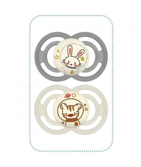 Lot de 2 sucettes avec boîte de stérilisation - MAM - Perfect Nuit - 18 mois - Silicone - Gris et beige