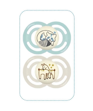 Lot de 2 sucettes avec boîte de stérilisation - MAM - Perfect Nuit - +6 mois - Silicone - Vert d'eau et beige