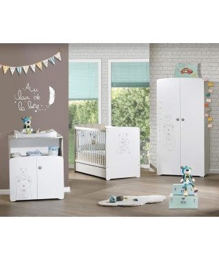 Chambre bébé trio Teddy: lit 120x60, commode a langer et armoire - Babyprice - Blanc