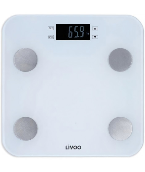 LIVOO DOM427W - Pese-personne impédancemetre - 13 mémoires utilisateurs - 180 kg - Plateau en verre trempé affichage LCD - Blanc