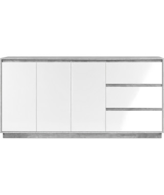 Buffet Phoenix 51A - Décor béton structuré / blanc brillant - Panneaux de particules - 3 portes/étageres/tiroirs - 178 x 88 x…