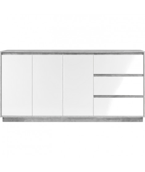 Buffet Phoenix 51A - Décor béton structuré / blanc brillant - Panneaux de particules - 3 portes/étageres/tiroirs - 178 x 88 x…