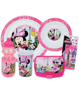 Lot Vaisselle Disney Minnie - FUN HOUSE - 006377 - Verre, Assiette Creuse, Assiette Plate, Gourde, Boîte Goûter et Couverts
