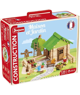 Maison et Jardin 135 Pieces - JEUJURA - Jeu de Construction en Bois Naturel, Tapis et Accessoires Inclus, 32x27x11 cm