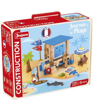 Journée a la Plage 120 Pieces - JEUJURA - Jeu de Construction en Bois Naturel, Tapis et Accessoires Inclus, 32x27x11 cm