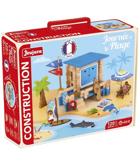 Journée a la Plage 120 Pieces - JEUJURA - Jeu de Construction en Bois Naturel, Tapis et Accessoires Inclus, 32x27x11 cm